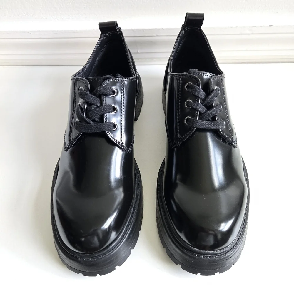 New Zara Laced Oxfords Patent Leather Black Shoes Size 7.5 US / 8 EU